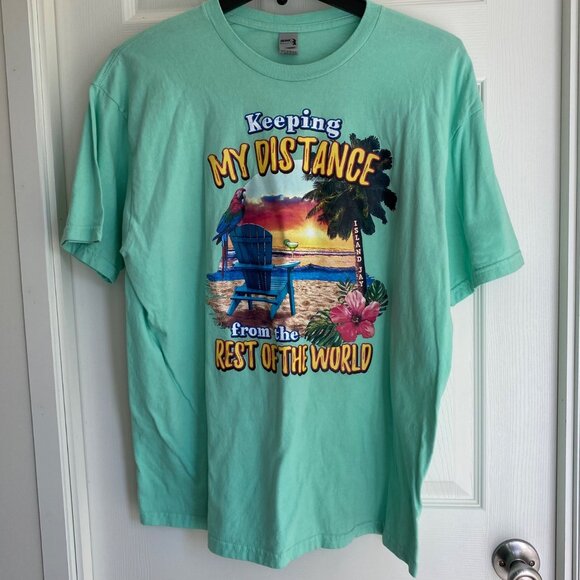Keeping My Distance From The Rest Of The World Island Jay Mint Green Graphic T-S - Picture 1 of 8